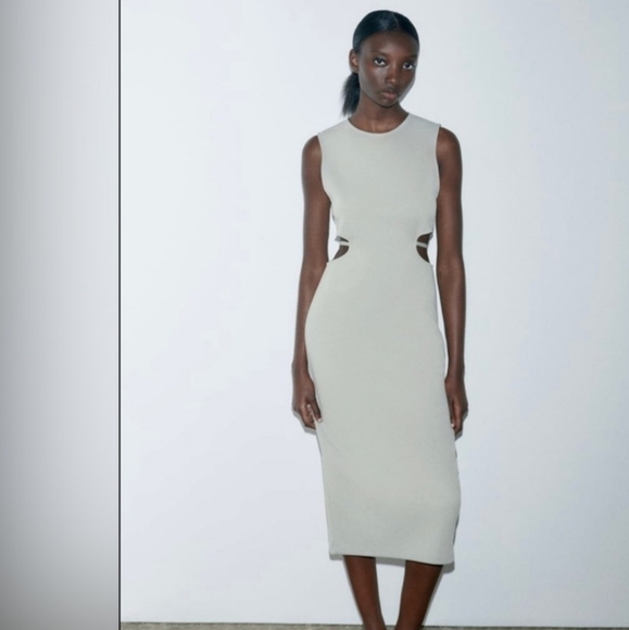 NWT Zara Pearl Gray Cut Out Waist Midi Dress, Size S - Picture 1 of 7